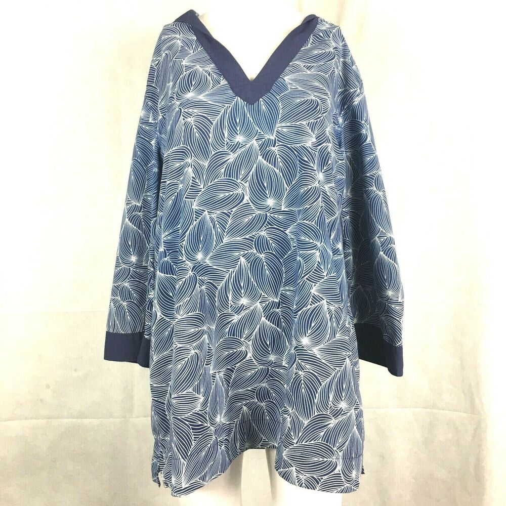 L.L. Bean Shirt Women L Navy Blue White‎ Tropical Leaf Long Sleeve Hooded Tunic
